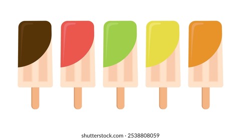 Conjunto de helado aislado en blanco, Ilustración vectorial de paletas de verano