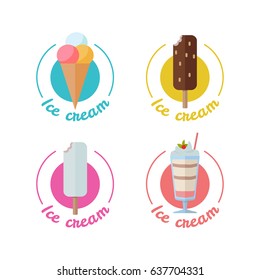 Ice cream set isolated on white. Soft serve with white and black chocolate, cone with fruit balls, ice cream yogurt in a glass. Sweet summer dessert. Delicious milk product. Logo sign symbol. Vector