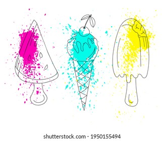 Ice cream set in line art style: watermelon, popsicle and horn. Vector illustration with splash for prints, textile, stickers, posters, postcards, menu design, cafe interior.