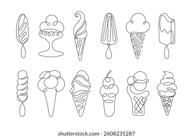 Ice cream set, line drawing. Decorative elements, badges, stickers.