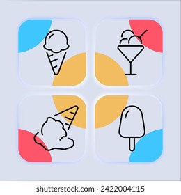 Ice cream set line icon. Sweet, lactose, dairy, frozen juice, cone, treat, sprinkles, frosting. Glassmorphism style. Vector line icon for business and advertising