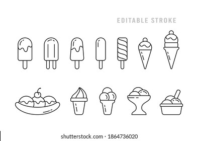 Ice cream set. Linear icon of different types. Eskimo pie, popsicle, waffle cone, ice lolly, banana split, twister, bowl. Black simple illustration. Contour isolated vector pictogram, editable stroke