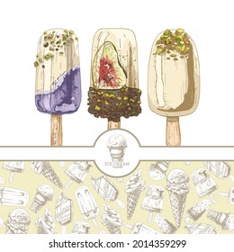 ice cream set, logo, popsicle, hand drawing, brown, graphics