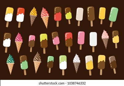 Ice Cream set: ice lolly, sorbet, waffle cone, icecream stick, soft cold dessert. Chocolate, fruit, mint ice cream. Vector illustration isolated on black background
