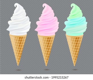 Ice cream set made in realistic cartoon style. Vanilla, strawberry, mint flavours. Waffle cone elements. Vector illustration.