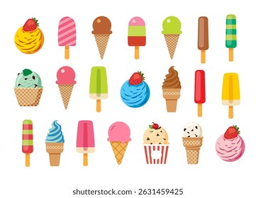 Ice cream set many flavors for summer background.