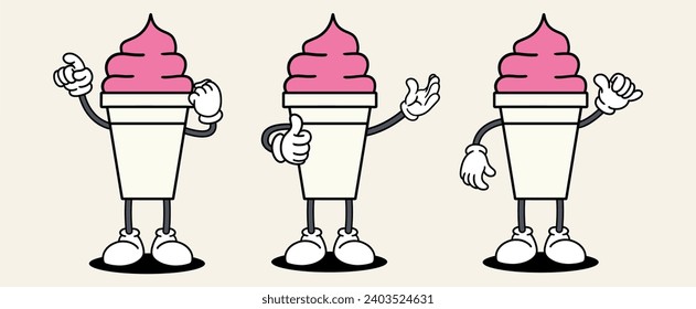 Ice cream set mascot of 70s groovy. Collection of cartoon,retro, groovy characters. Vector illustration.