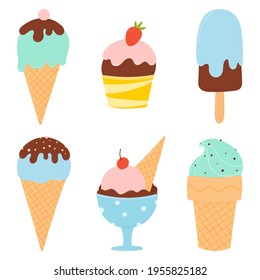 Ice cream set. Modern vector hand drawn illustrations of ice cream in different shapes with fillings, chocolate and fruits.