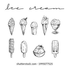 Ice cream set, monochrome, vector