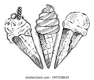 Ice cream set, monochrome, vector