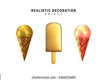 Ice cream set, on stick and cone. Realistic elements isolated on white background. Objects 3d shapes icecream. Vector illustration.