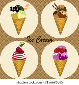 Ice cream set on waffle background.Colored vector illustration with a waffle background and a set of ice cream with decor.