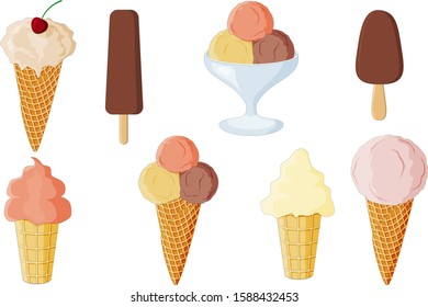 Ice cream set on white background. Chocolate in a cone, creme brulee, vanilla in a waffle glass, with cherries, Popsicle and ice cream in a Cup.