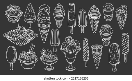 Ice cream set, outline icons set vector illustration. Monochrome summer food, soft creamy balls of dessert in cup and waffle cone, drawn white on black of sweet chocolate and vanilla frozen sundae