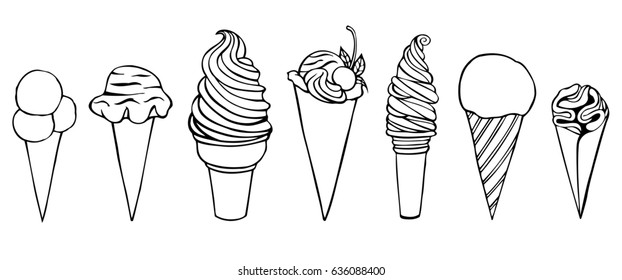 Ice cream set. Pen sketch converted to vectors. Isolated on white