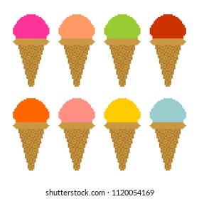 Ice cream set pixel art. 8 bit Icecream Vector illustration