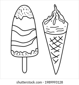 Ice cream set. Popsicle on a stick. Ice cream in a waffle cone. Vector illustration hand-drawn by a contour.  Doodle style