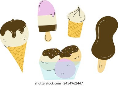 Ice Cream Set - popsicle, waffle cup, cold ice cream ball in glass plate. Cone dipped in chocolate. Collection Summer frozen dessert. Sweet food. Flat style. Color Vector illustration.