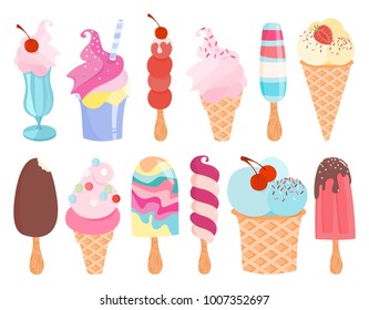 Ice cream set. Popsicles and cones, decoration and colors.