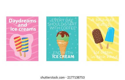 Eiscreme-Set-Poster, Vektorgrafik. Vorlagenelement für gefrorenes Verpackungsdesign mit süßem Dessert, Vintage-Gravierskizze. Moderner Hintergrund.