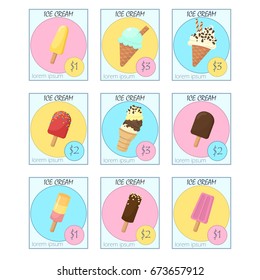 Ice cream set of price cards. Delicious sweet desserts. Colorful summer cards. Vector illustration