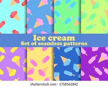 Ice cream set seamless pattern. Multi-colored ice lolly for brochures, promotional material and wallpaper. Vector illustration