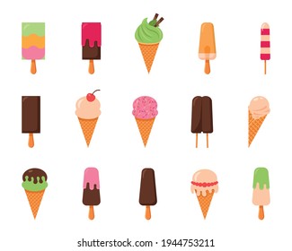 Conjunto de helados, estilo simple, ilustración vectorial aislada en fondo blanco.