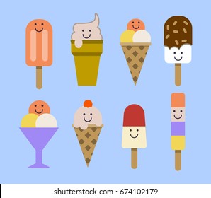 Ice cream set. Smiley face. Vector illustration