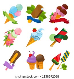 Ice cream set of stickers for the design of summer posters, leaflets, articles in a blog or magazine.
