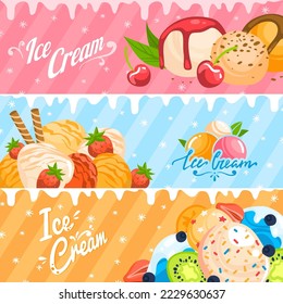 Ice cream set, summer banner, round dessert template, collection, orange sugar, design, in style cartoon vector illustration.