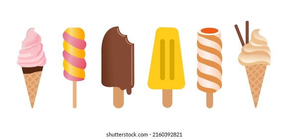 ice cream set summer dessert chocolate vanilla fruits vector isolated