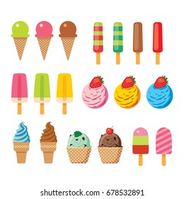 Ice cream set for summer flat design isolated background
