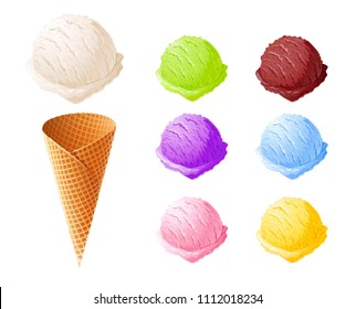 Ice cream. Set of summer sweetness. Milk, chocolate, vanilla, strawberry icecream. Cone cup Ice-cream. Sweet dessert. Frozen product. Isolated white background. EPS10 vector illustration.