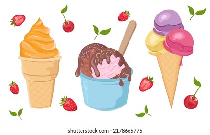 Ice cream set. Summer vector illustration .Hand drawn flat cartoon elements