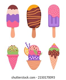 Ice cream of set, sundae and chocolate. Vector sundae soft and gelato, cold snack dessert cream, illustration of vanilla food sweet
