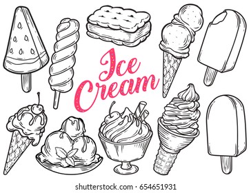 Ice cream set of sweet dessert popsicle, sandwich, watermelon, cone, chocolate cream. Hand drawn engraving sketch retro vintage vector illustration.