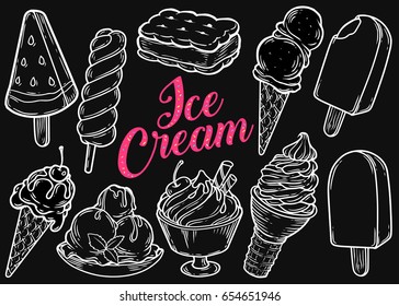 Ice cream set of sweet dessert popsicle, sandwich, watermelon, cone, chocolate cream. Hand drawn engraving sketch retro vintage vector illustration.