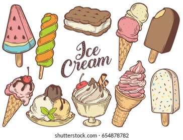 Ice cream set of sweet dessert popsicle, sandwich, watermelon, cone, chocolate cream. Hand drawn engraving sketch retro vintage vector illustration.