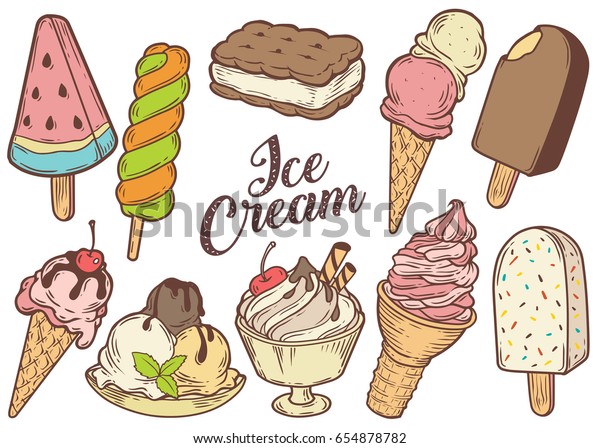 甘いデザートのアイスクリームセット サンドイッチ スイカ コーン チョコレートクリーム 手描きの彫刻スケッチレトロなビンテージベクターイラスト のベクター画像素材 ロイヤリティフリー