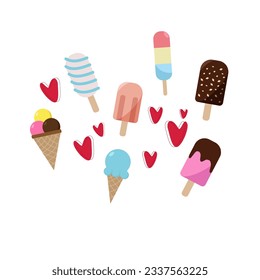 Ice cream set. Sweet summer dessert. Popsicle, waffle cone. Simple vector design.