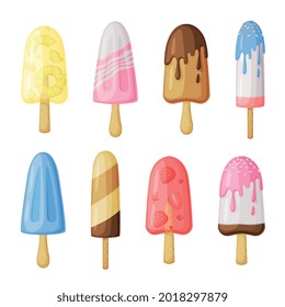 Ice Cream Set, Sweet Tasty Desserts, Colorful Popsicles Cartoon Vector Illustration