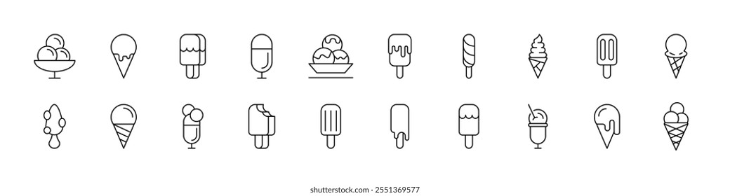 Ice Cream Set dünner Symbole. Bearbeitbarer Strich. Geeignet für Webseiten, Bücher, Karten, Apps 