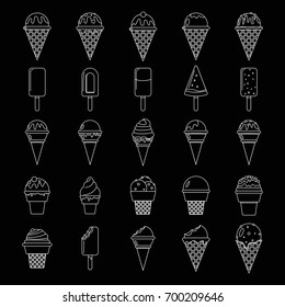 Ice cream set thin line vector illustration for design and web isolated on black background. Ice cream house vector object for labels, logos and advertising