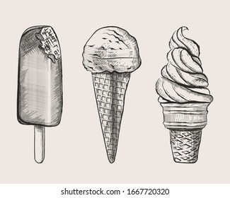 Ice cream set of three pieces in engraved hand drawn style. Vector isolated illustration