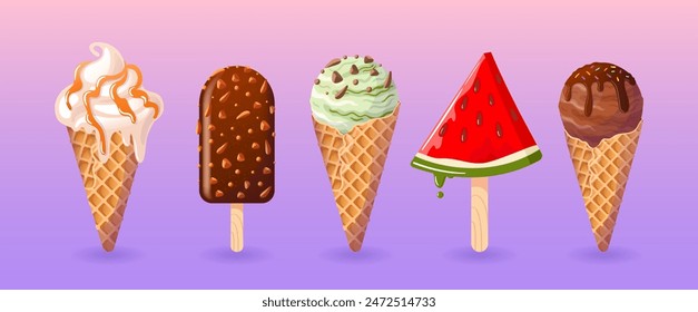 Ice cream set. Vanilla, chocolate, mint or pistachio gelato in a waffle cone with caramel or fruit topping. Popsicle with chocolate glaze and nuts. Watermelon juice fruit ice. Summer cold dessert.