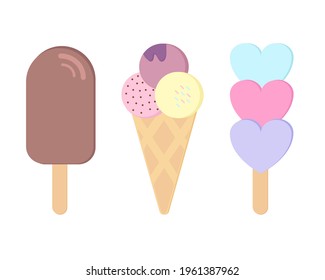 Ice cream set. Various ice cream, chocolate ice cream. ice cream cones. Vector graphics