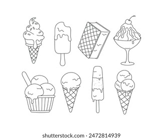 Ice cream set. Vector black and white illustration.