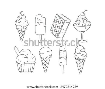 Ice cream set. Vector black and white illustration.