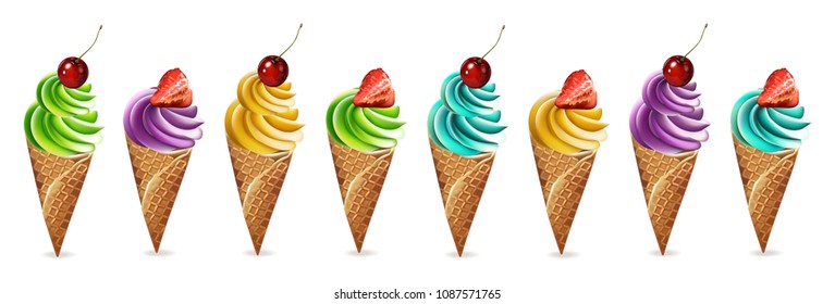 Ice cream set Vector. Colorful different flavors dessert banner illustration