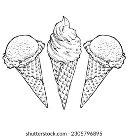 Ice cream set. Vector hand drawn illustration in vintage engraving style. Isolated on white background.